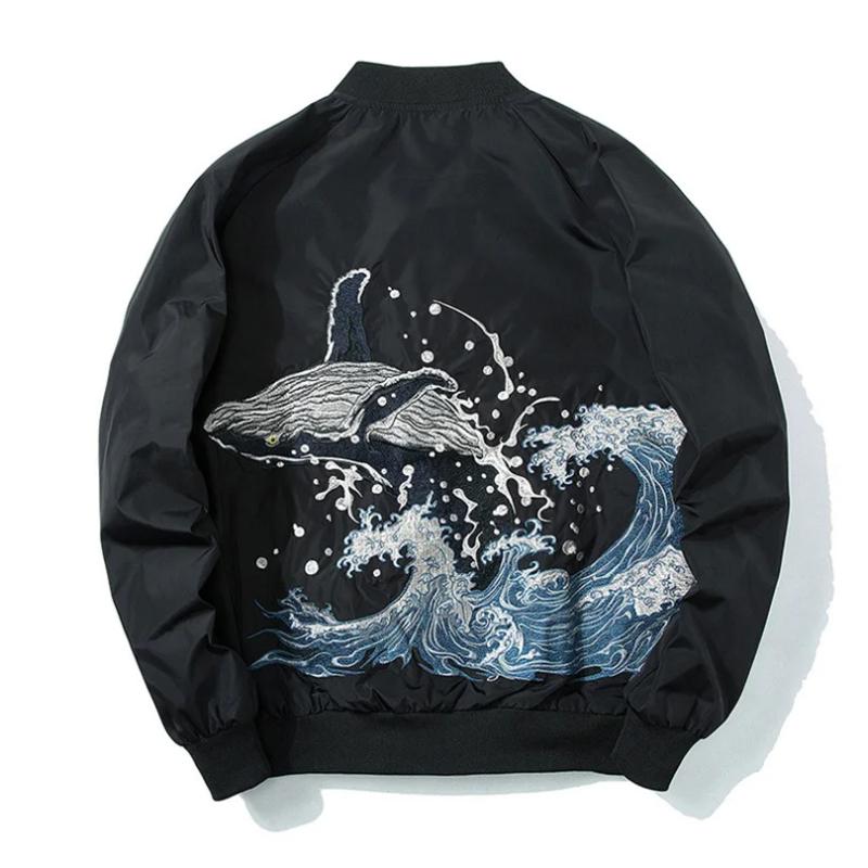 Aesthetic Embroidered Whale Print Bomber Jacket