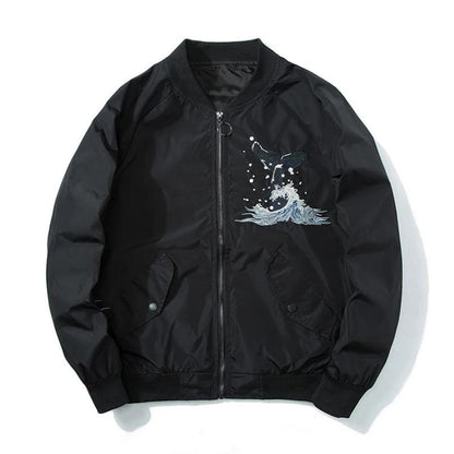 Aesthetic Embroidered Whale Print Bomber Jacket