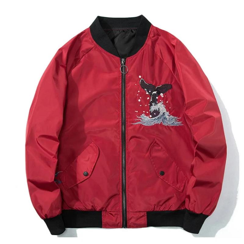 Aesthetic Embroidered Whale Print Bomber Jacket