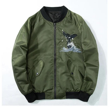 Aesthetic Embroidered Whale Print Bomber Jacket