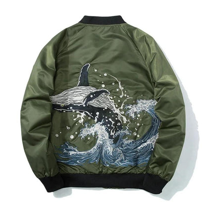 Aesthetic Embroidered Whale Print Bomber Jacket