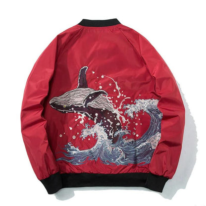 Aesthetic Embroidered Whale Print Bomber Jacket