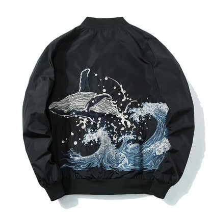 Aesthetic Embroidered Whale Print Bomber Jacket