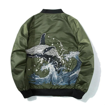 Aesthetic Embroidered Whale Print Bomber Jacket