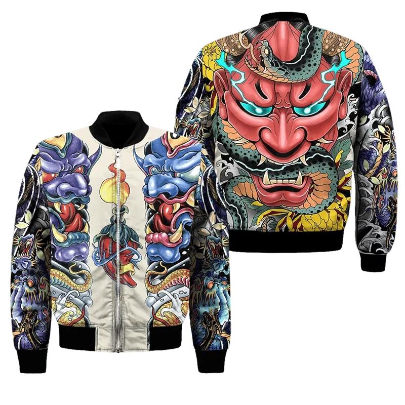 Bold Oni Mask Printed Bomber Jacket