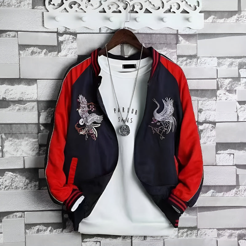 Crane Embroidered Streetwear Bomber Jacket