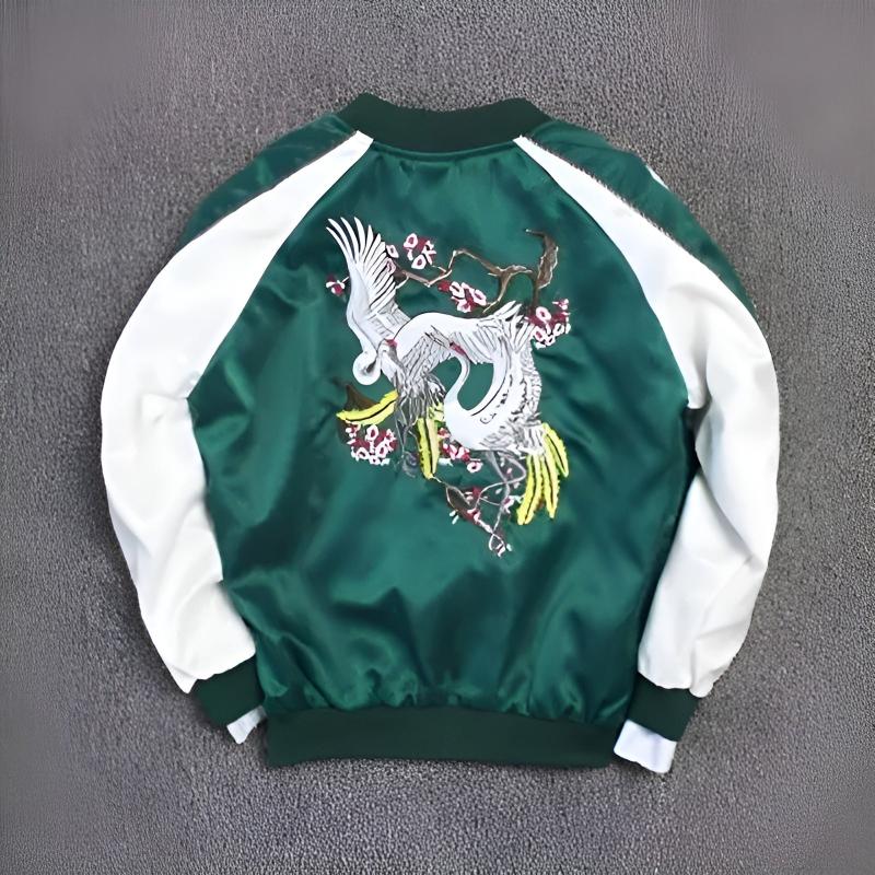 Crane And Cherry Blossom Embroidered Bomber Jacket