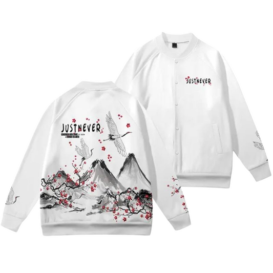 Printed Crane And Mountain Bomber Jacket