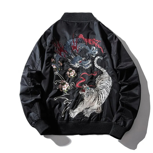 Embroidered Bomber Jacket With Dragon And Tiger Design