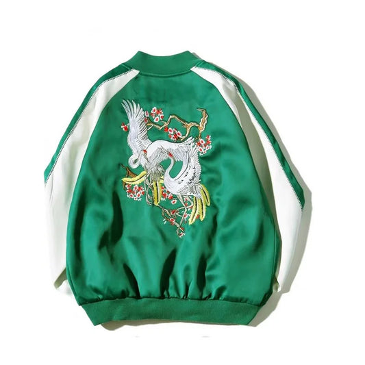 Embroidered Crane Bomber Jacket