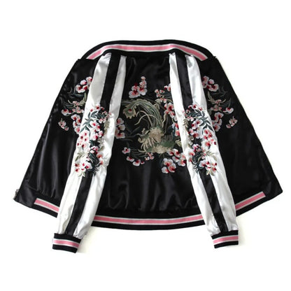 Embroidered Satin Bomber Jacket With Floral Design