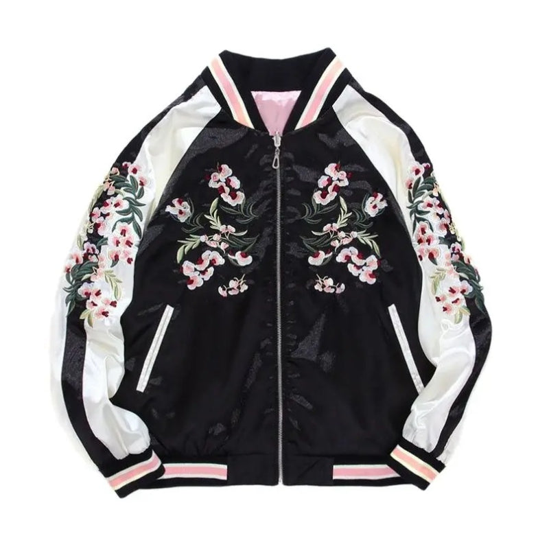 Embroidered Satin Bomber Jacket With Floral Design