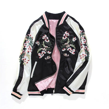 Embroidered Satin Bomber Jacket With Floral Design