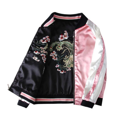 Embroidered Satin Bomber Jacket With Floral Design