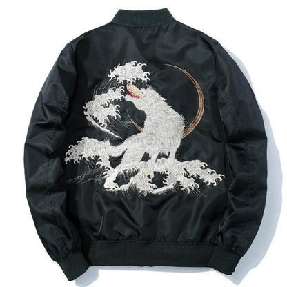 Embroidered Wolf Design Bomber Jacket