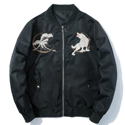 Embroidered Wolf Design Bomber Jacket