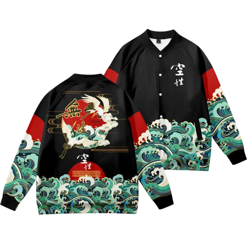 Japanese Crane And Ocean Themed Bomber Jacket