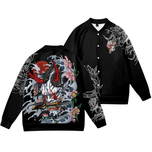 Japanese Oni Style Embroidered Bomber Jacket