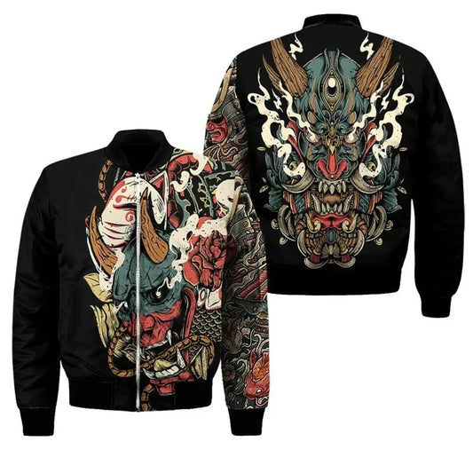 Japanese Oni Mask Graphic Bomber Jacket