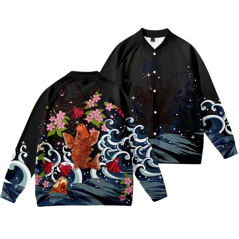 Koi Fish And Waves Printed Bomber Jacket