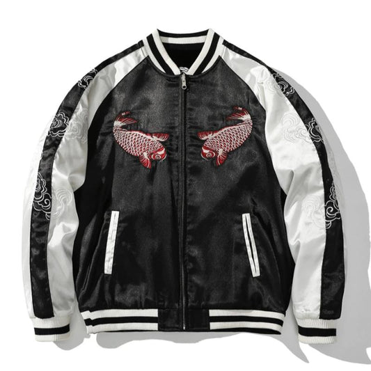 Dragon And Carp Printed Bomber Jacket