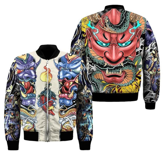 Samurai Oni Mask Printed Bomber Jacket