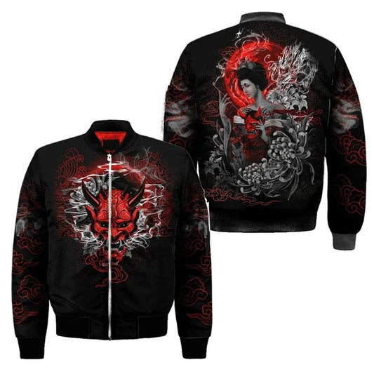 Striking Oni And Geisha Printed Bomber Jacket