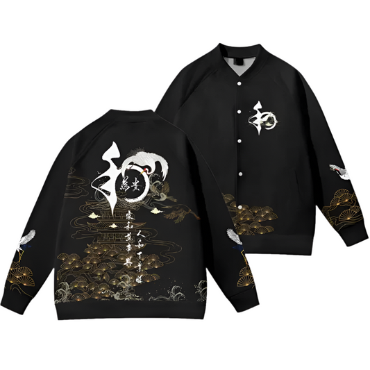 Traditional Crane And Pagoda Embroidery Design Bomber Jacket