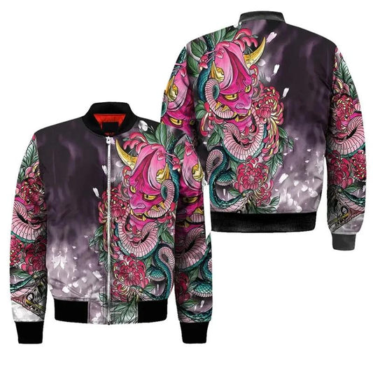 Vibrant Oni Mask Floral Bomber Jacket