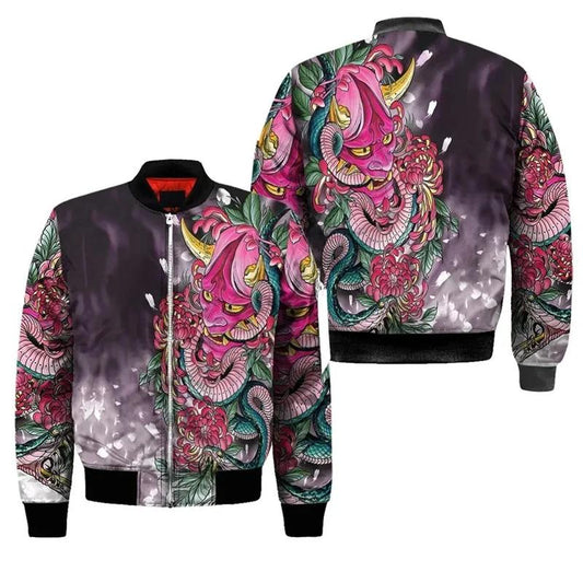 Vivid Oni Mask With Snake Floral Print Bomber Jacket